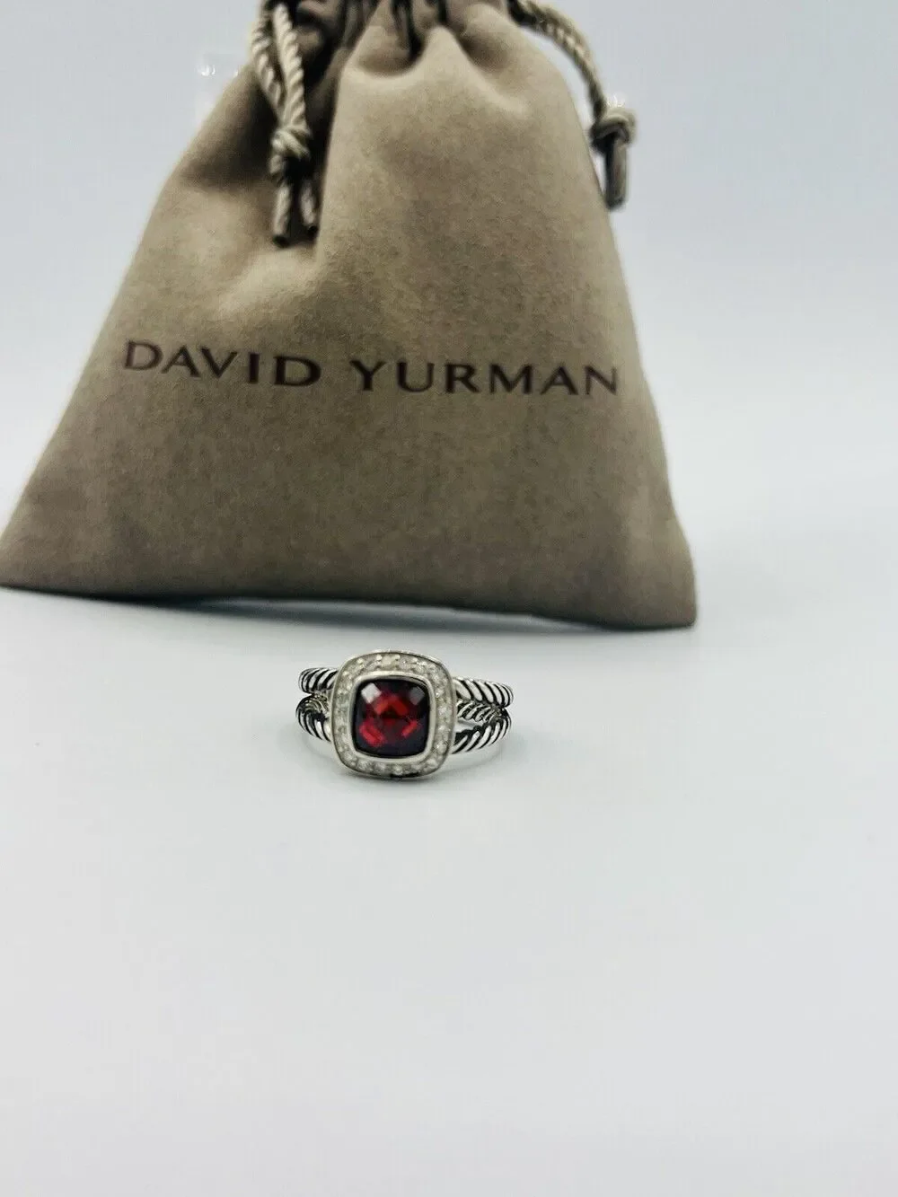 David Yurman Sterling Silver Garnet & Diamond Petite Albion Ring Size 6